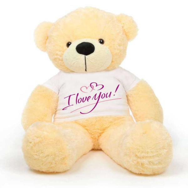 Peach 5 feet Big Teddy Bear wearing a I Love You T-shirt